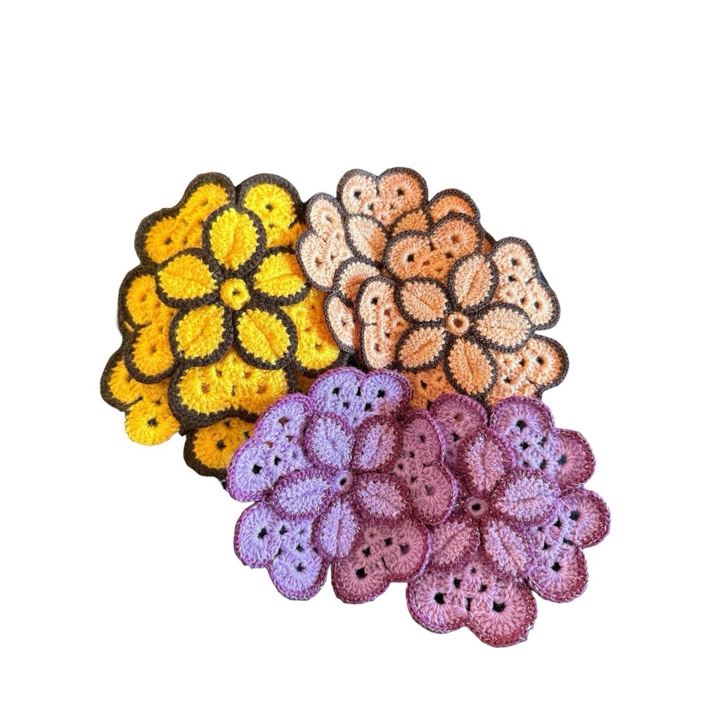 Vintage Handmade Crochet Flower Coasters Set of 6 Yellow Peach Purple Floral